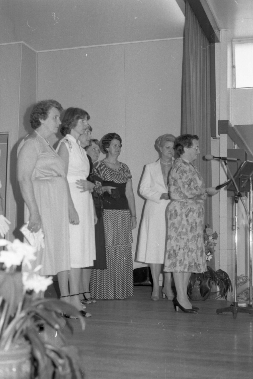 Unidentified women with Margery Brier-Mills on stage for speeches during the Mayoress' Lunch, Ipswich, August 1980