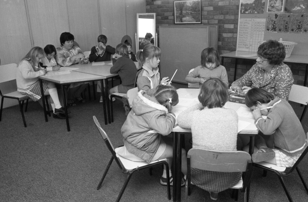Jane Briscoe in a children's special school classroom, Ipswich, August 1980