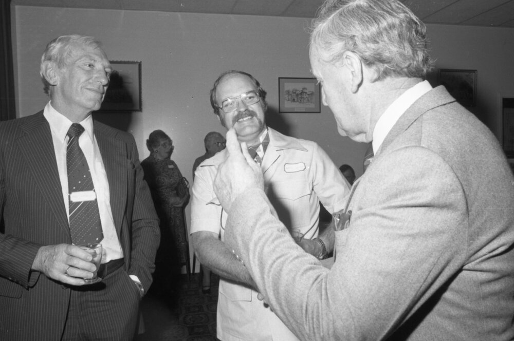 Premier Joh Bjelke-Petersen meeting with men thought to be Ted Marsden and Lewis Avery during a formal visit, Ipswich, August 1980