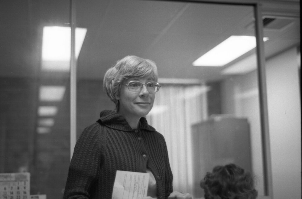 Jean, employee at Jeff Denman's Tyre and Auto Service, Ipswich, August 1980