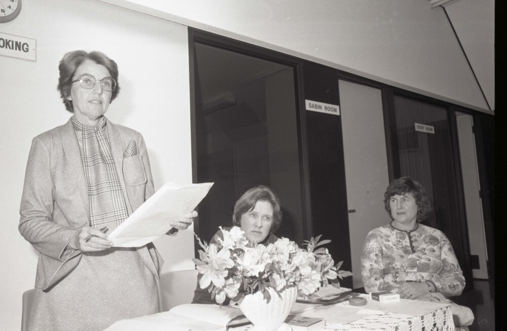 Mayoress Colleen Freeman giving a speech at the Mayoress' Lunch, Ipswich, August 1980