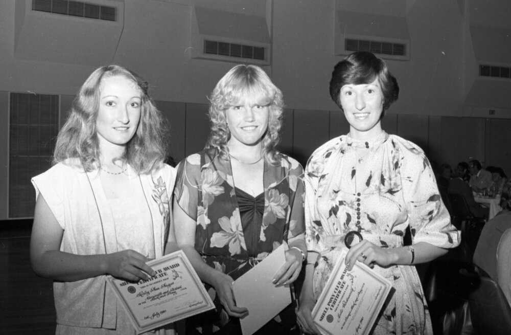 Shirley Ann Angus, Gai Foley, and Julie Wadsworth awarded certificates from the Shell Pony Club, Ipswich, August 1980