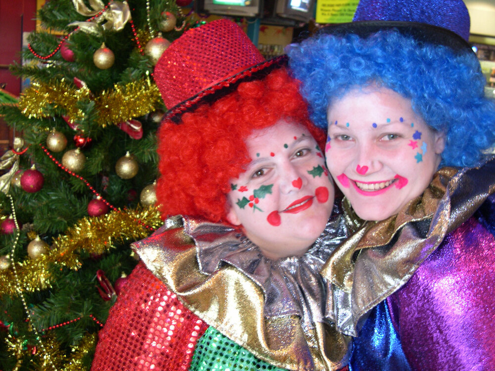Jane Aboud and Jody Carruthers with Christmas costumes on, Ipswich, December 2003