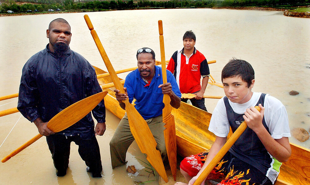 Michael Smith, Roy Ober, Norm Thomson, Darren Mees set off on canoe on maiden voyage, Ipswich, December 2003