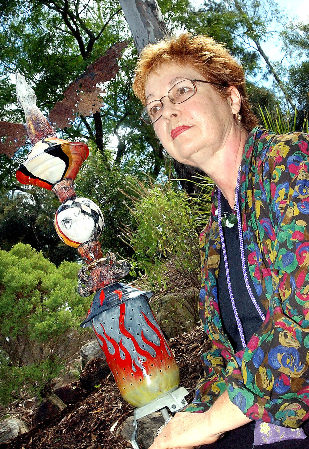 Jan Davis with clay totem, Ipswich, December 2003