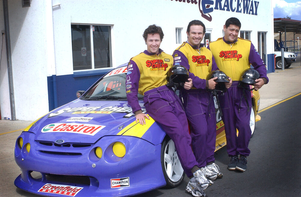 Julian Huxley, Fletcher Dyson and Glenn Panoho in racing gear, Ipswich, September 2003