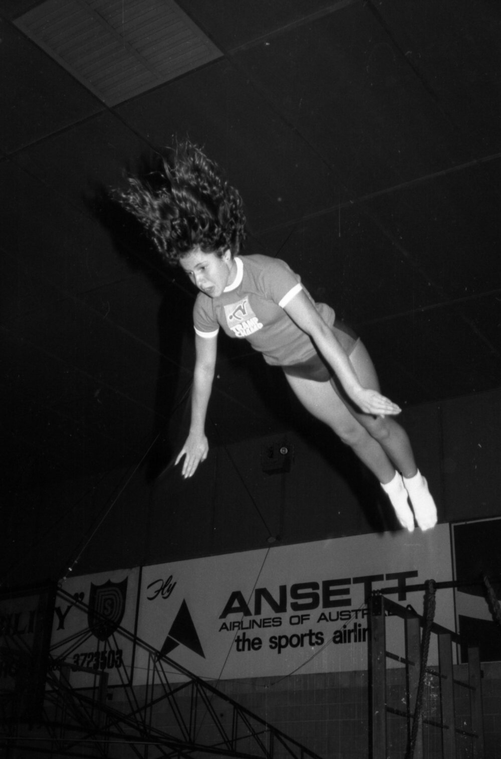 Unidentified girl trampolining, Ipswich, September 1980