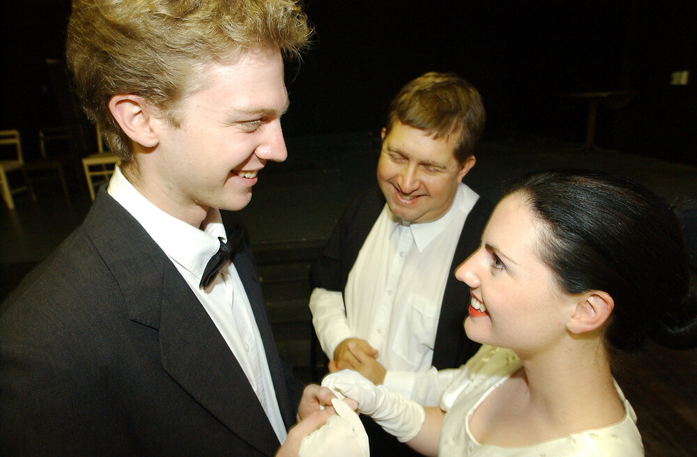 Luke Cadden, Bob Soltys and Bridget Sullivan acting out a wedding scene, Ipswich, September 2003