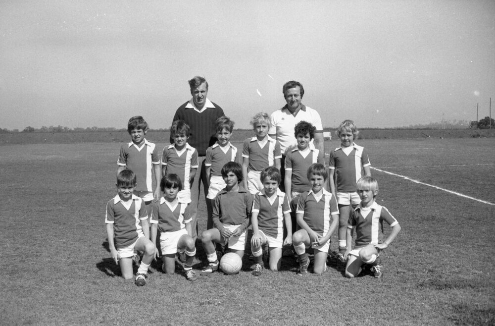 Children's Soccer Team with coaches, Ipswich, September 1980