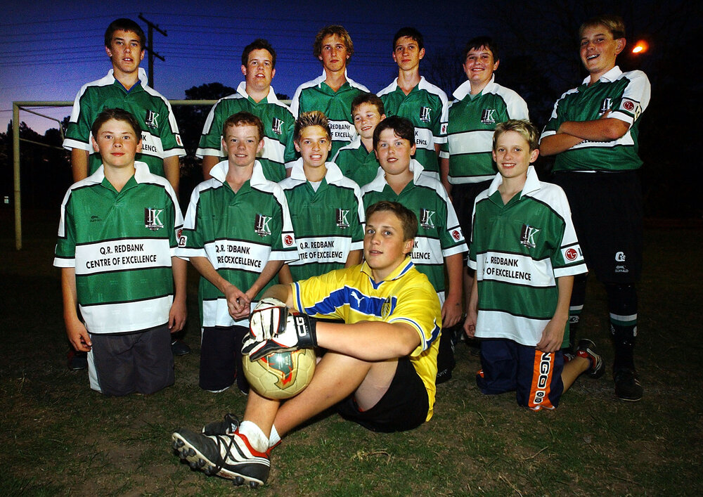 Unidentified football teams for Q.R. Redbank Centre of Excellence (14/4), D.M.G. Gas Repairs (17/3), and Pioneer Concrete (13/1), Ipswich, September 2003
