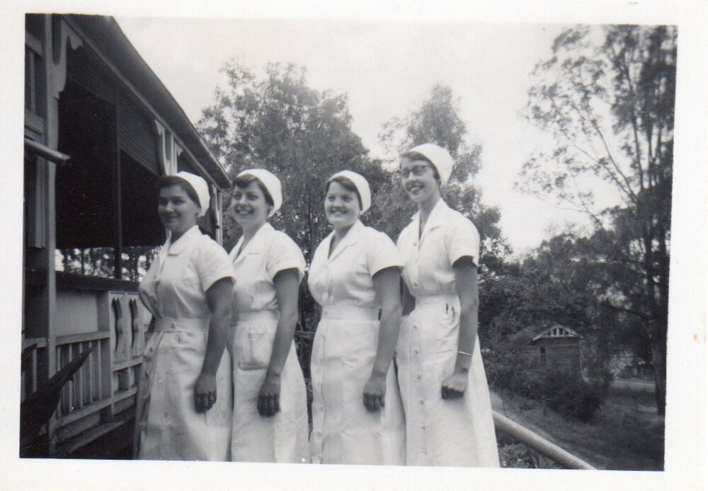 Four nurses standing outside Cribb House, Ipswich Hospital, Ipswich, 1950s