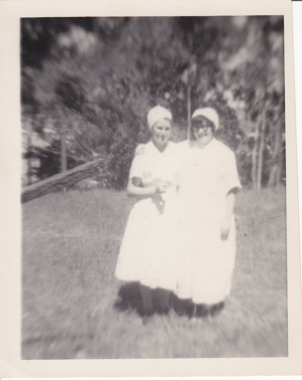 Nurses in grounds Epidemic Ward area, 1950s