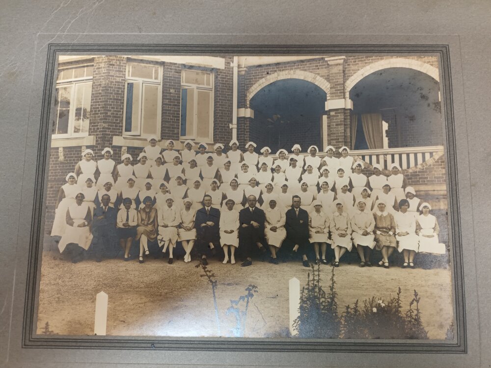 Hospital staff outside original building, 1921