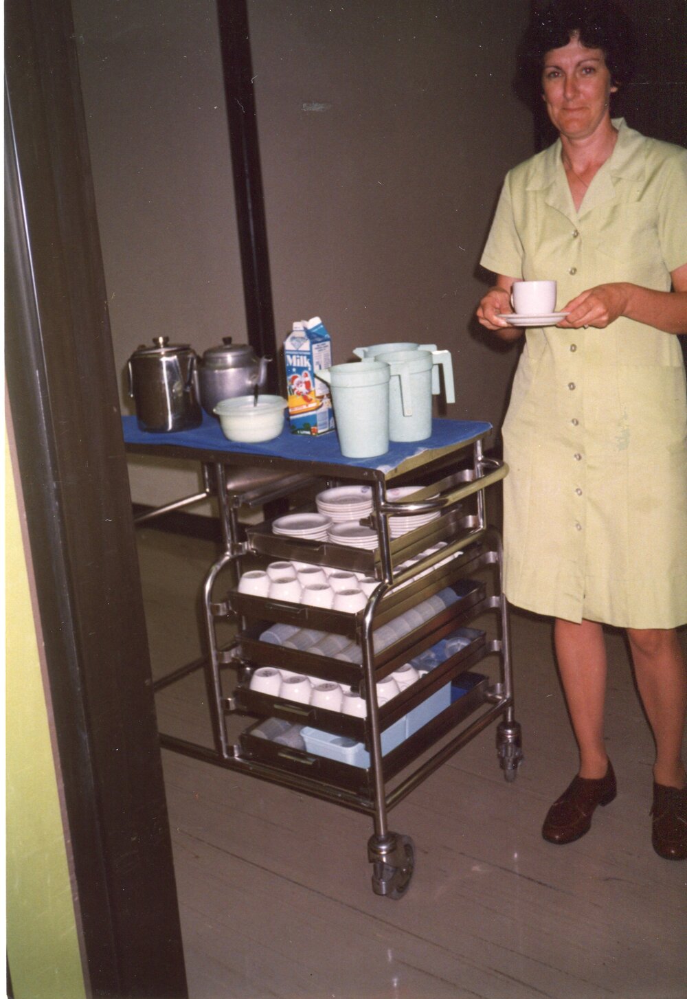 Maryanne Zahnow with tea trolley, Ipswich Hospital, Ipswich, 1990s