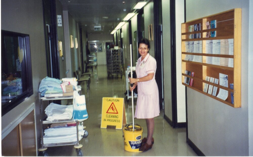 Nancee Jensen mopping floor, Ipswich Hospital, Ipswich 1990s