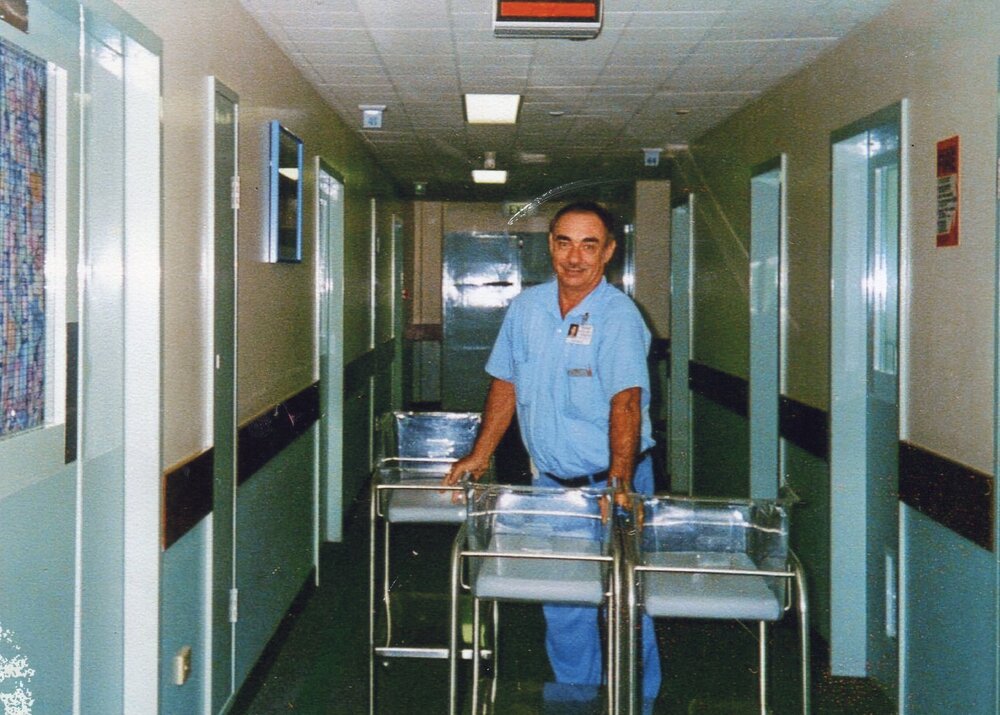 Tom Learoyd with baby cribs , 1990s