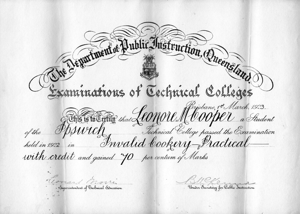 Technical College exam result Leonore M Cooper, 1922