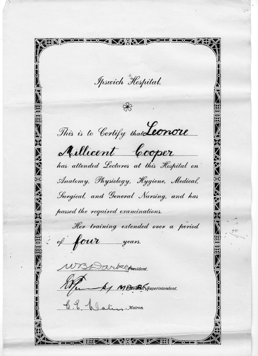 Nursing Certificate Ipswich Hospital Leonore M Cooper, c1922
