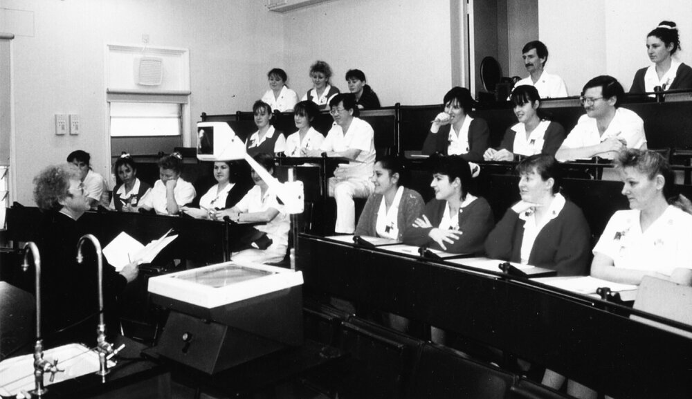 Helga McCutcheon giving lecture to nursing staff, Ipswich Hospital, Ipswich 1970s