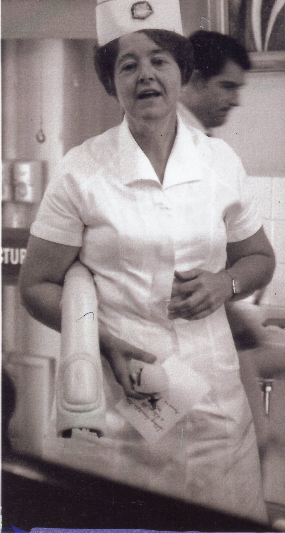 Margaret Boulter, carrying prosthesis, Ipswich Hospital, Ipswich, 1970s