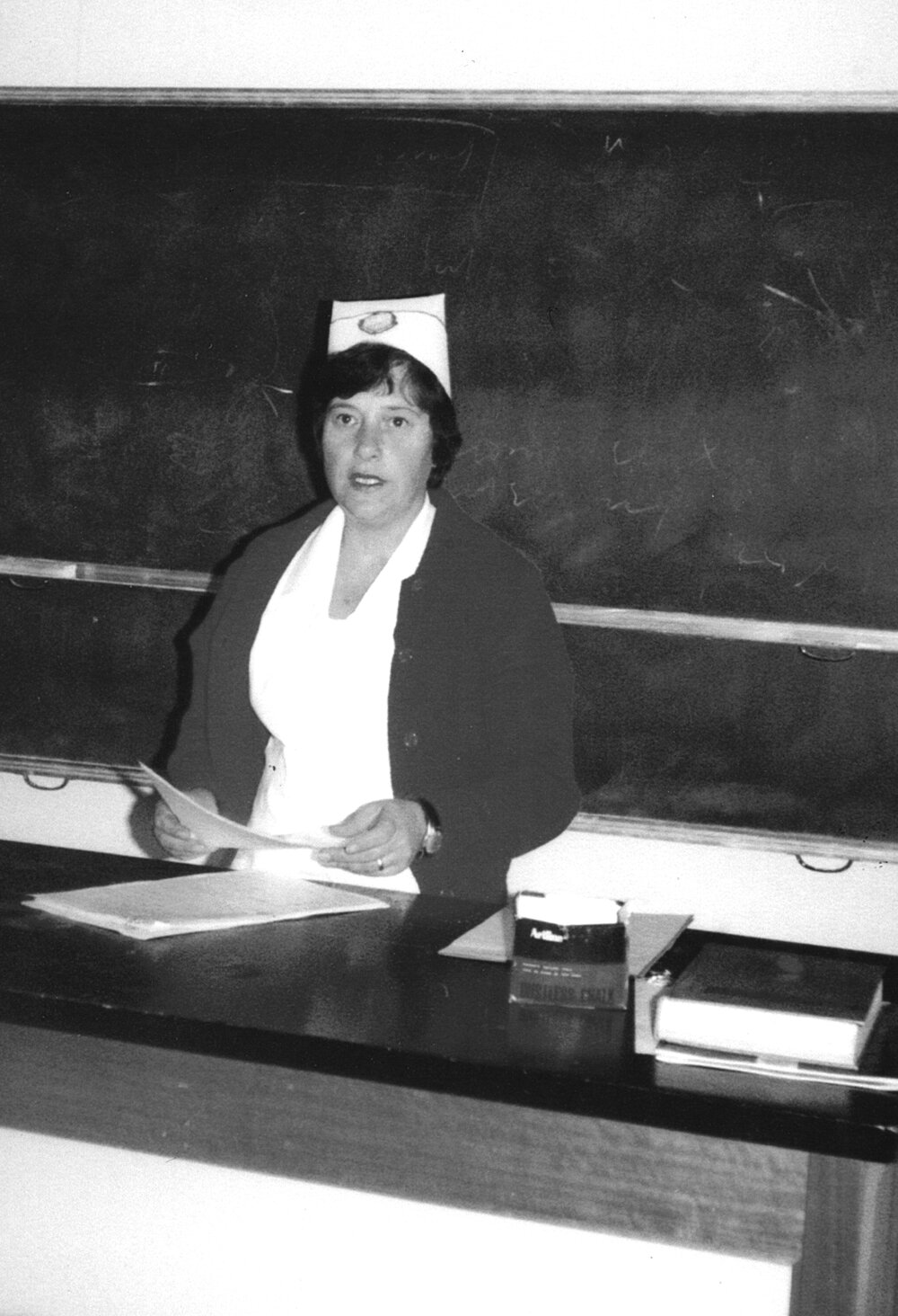 Helga McCutcheon (nee Washier) with lecture notes, School of Nursing, Ipswich Hospital, 1979