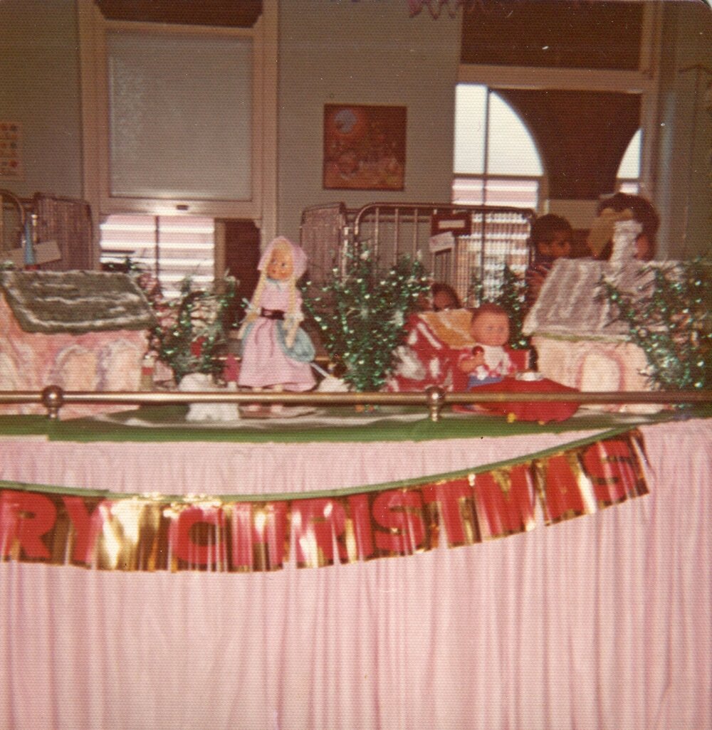 Marble top cabinet with Christmas decorations, Children's ward, Ipswich Hospital, Ipswich, 1980