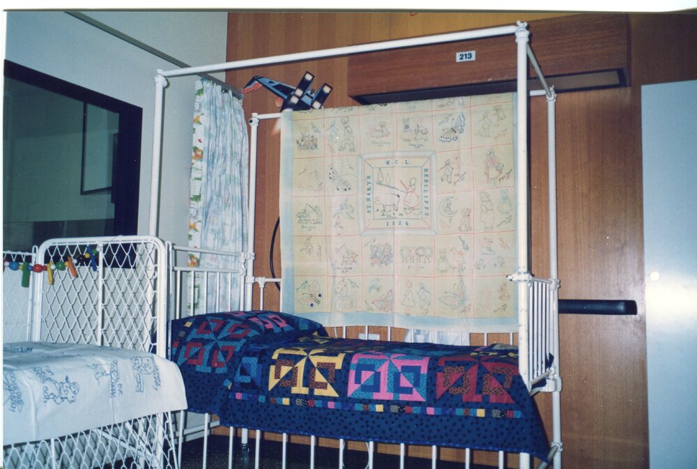 Quilts on beds and curtains 1990