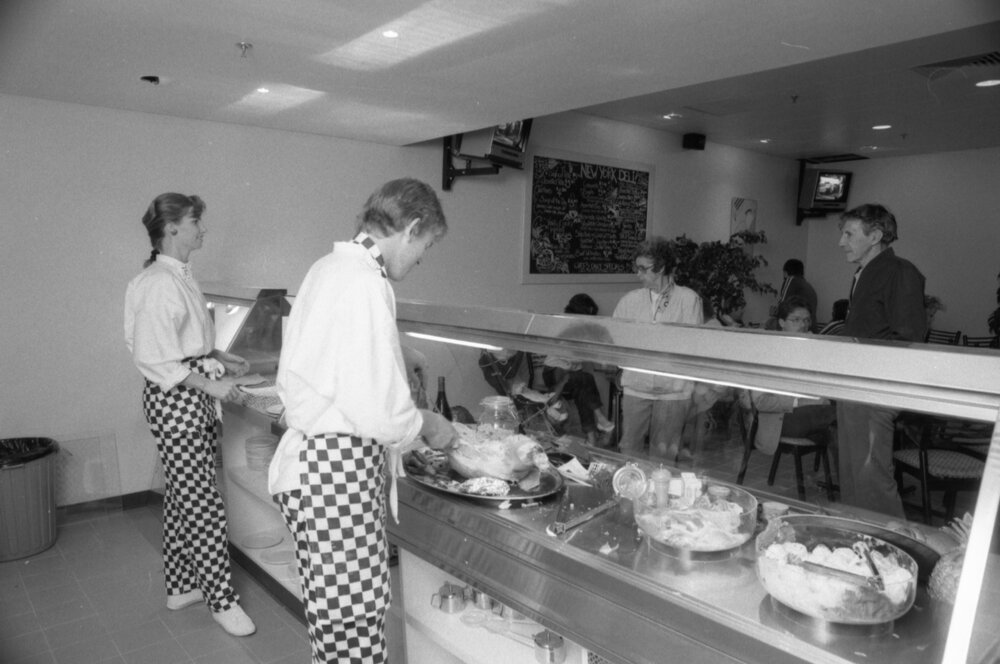 Unidentified servers behind a carvery and salad bar, opening day of Ipswich City Square, Ipswich, August 1987