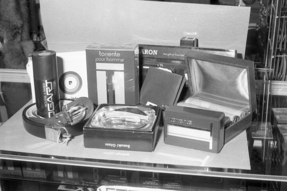 Men's cologne, accessories, and grooming products, Ipswich, September 1980