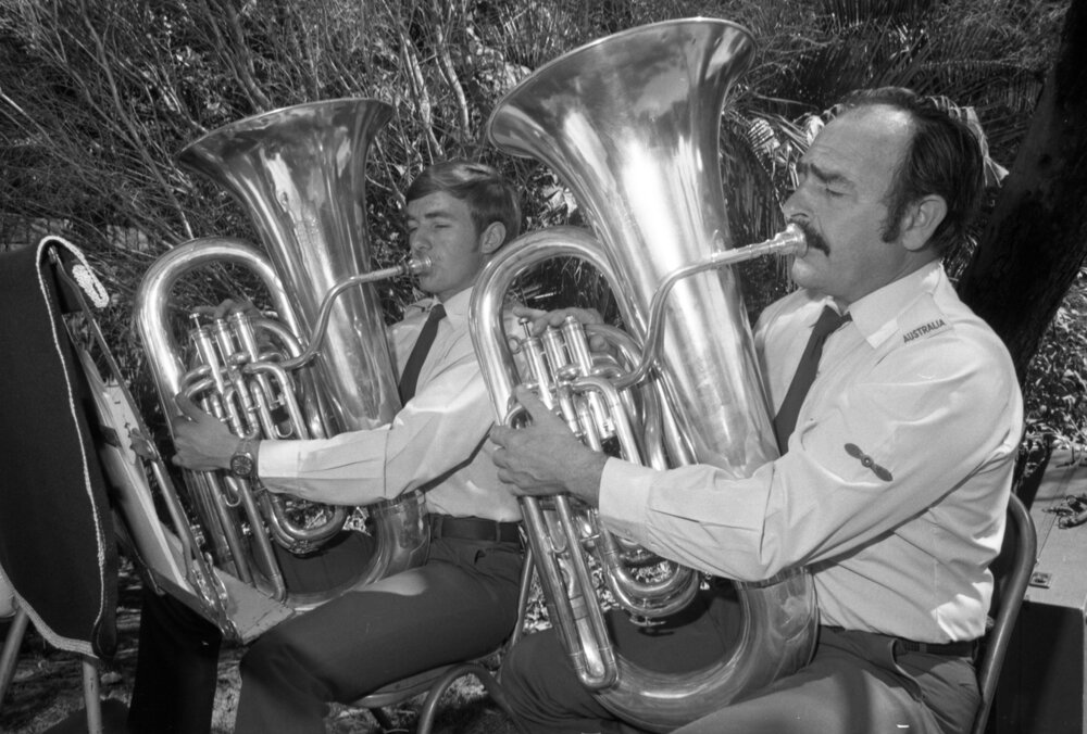 Two tubists of the RAAF Band playing at St. Paul's Anglican Church, Ipswich, September 1980