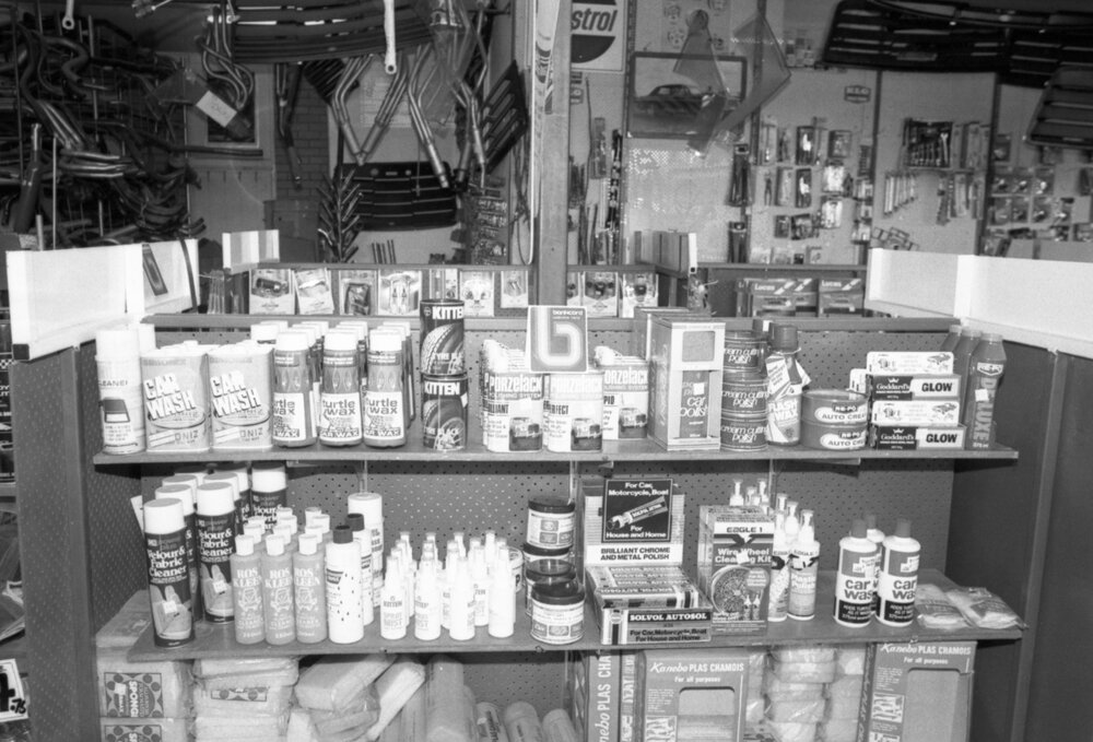 Interior of an unidentified garage shop Ipswich, September 1980