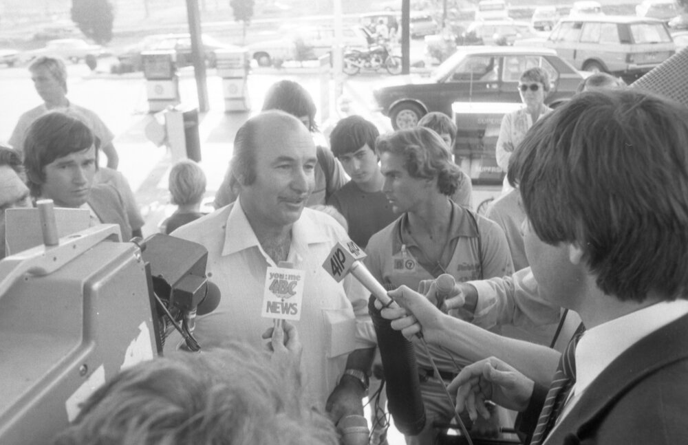 Thought to be Vincent Klein being interviewed at the Shell Roadhouse Meeting, Gailes, Ipswich, September 1980