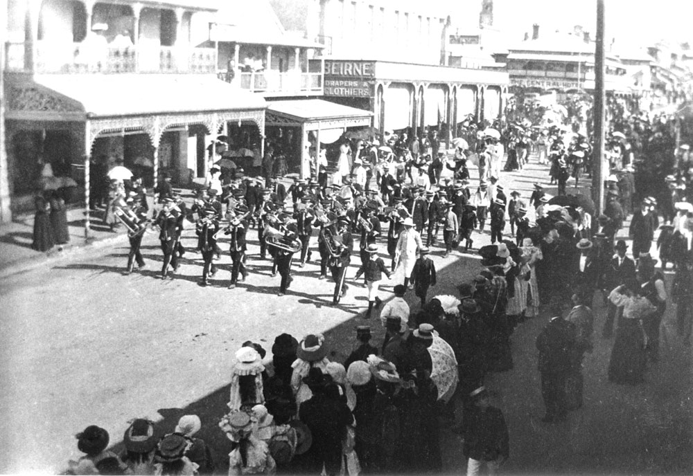 Ipswich Vice-Regal Band during parade on Nicholas Street, Ipswich, early 1900s