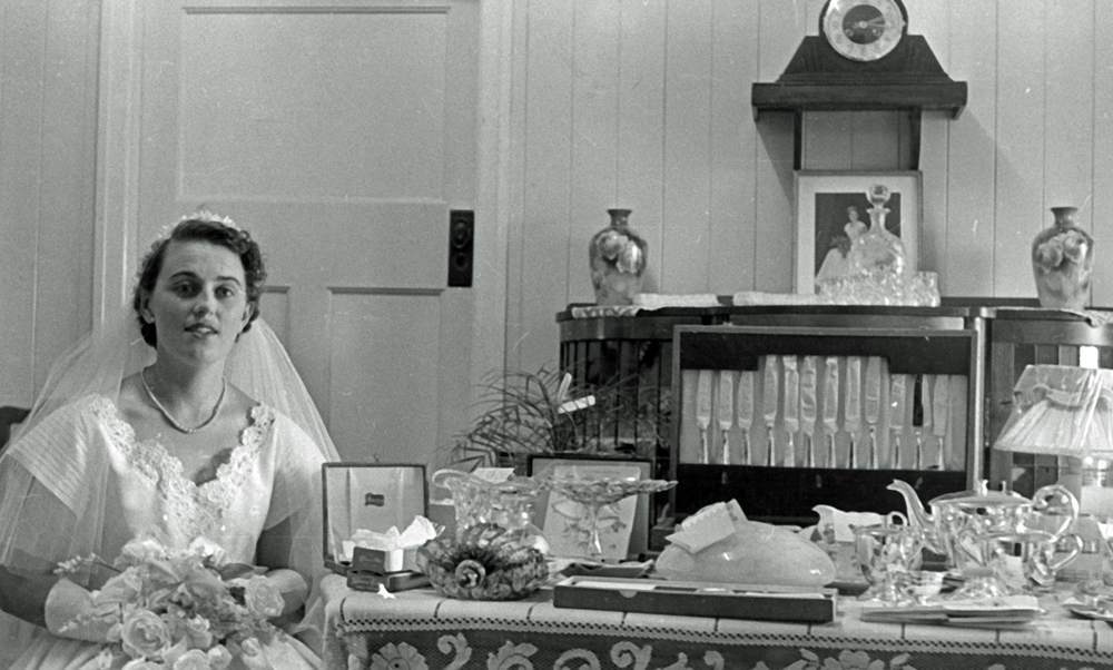 Barbara Sellars with wedding presents, Rosewood, Ipswich, 1955