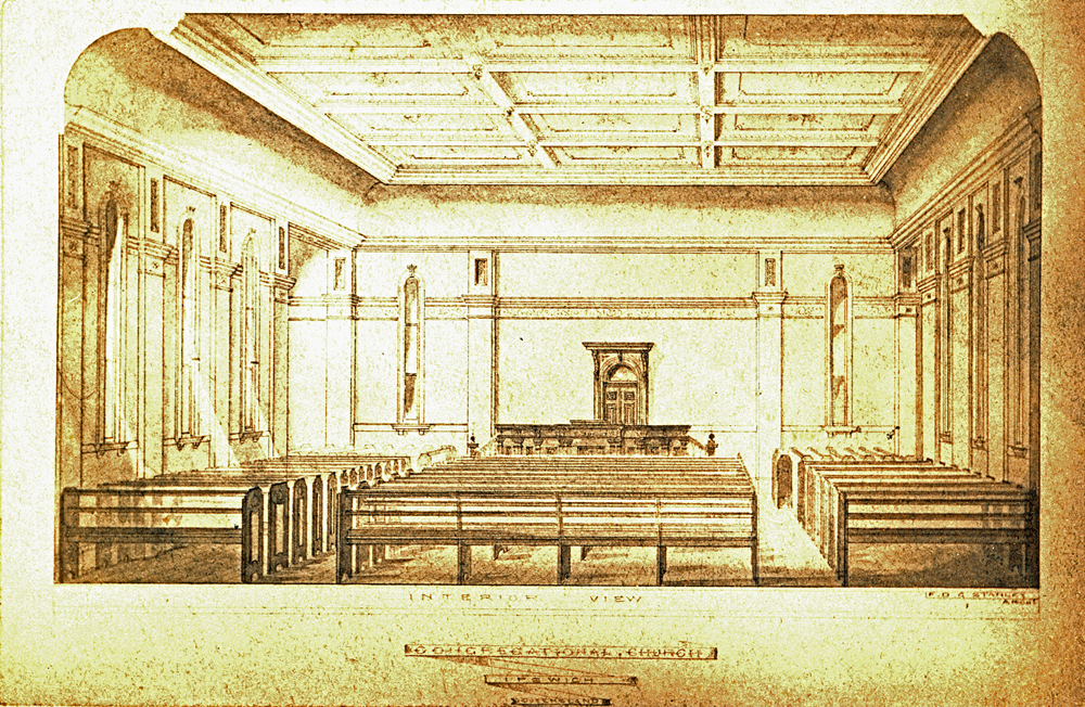 Architectural drawing, of the interior of the Congregational Church, Brisbane Street, Ipswich, 1869-1870