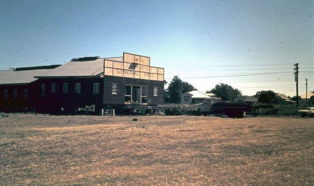 Rosewood Hall being moved from William Street to Mill Street, Rosewood, Ipswich, ca. 1980