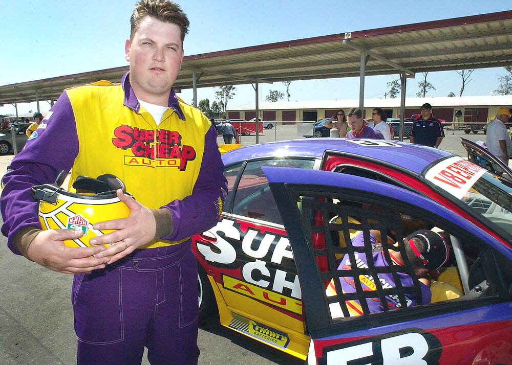 Brook Goodwin after completing 5 laps of the race track, Ipswich, September 2003