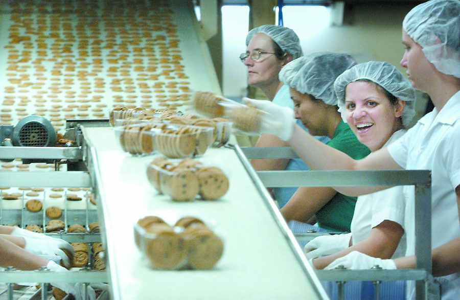 Packing cookies at the Dick Smith food industries warehouse, Ipswich, June 2003
