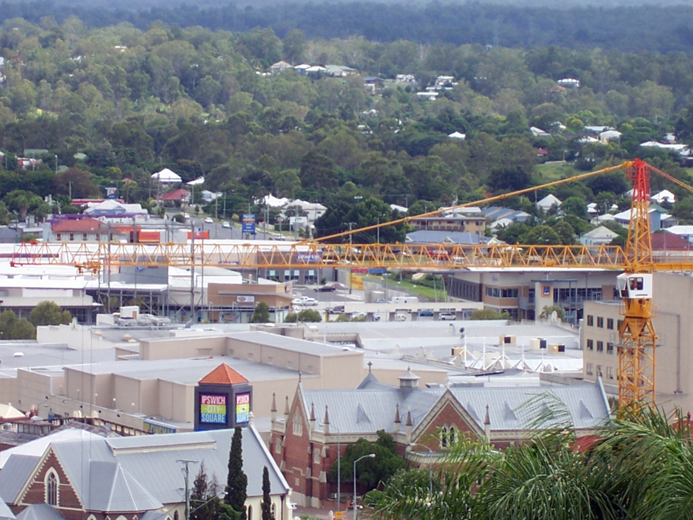 Panoramic view over Ipswich CBD, from Denmark Hill, with crane in foreground, Ipswich, c.2008