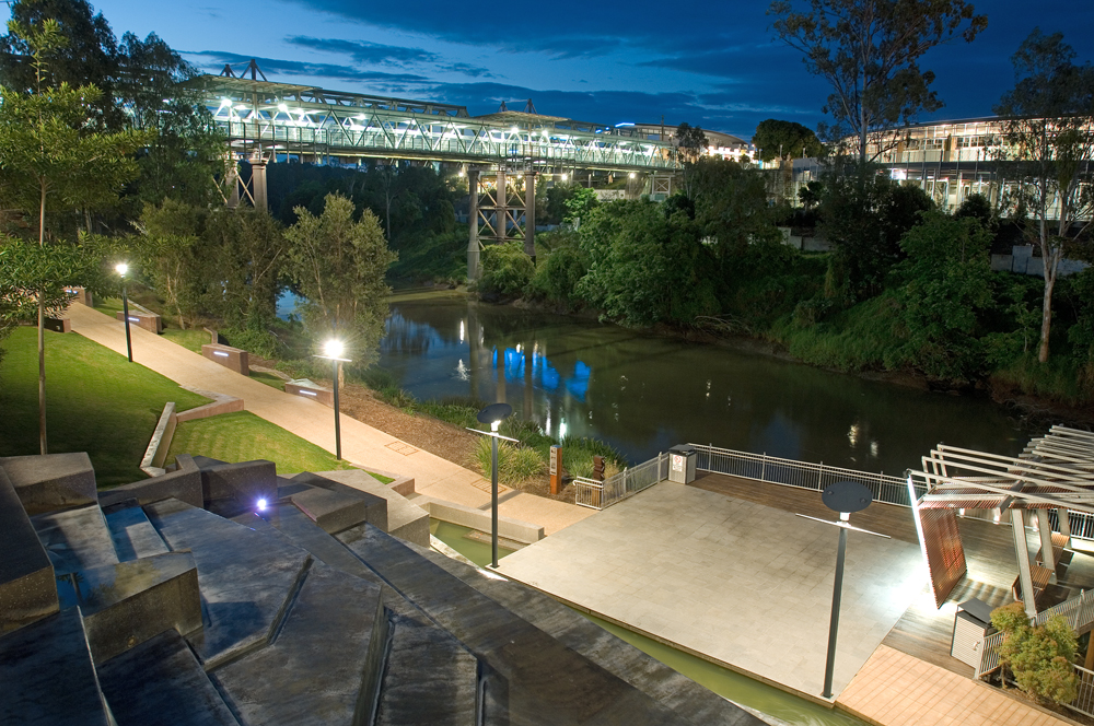 Looking over River Heart Parklands towards Bradfield Bridge and Riverlink Shopping Centre, Ipswich, 2010