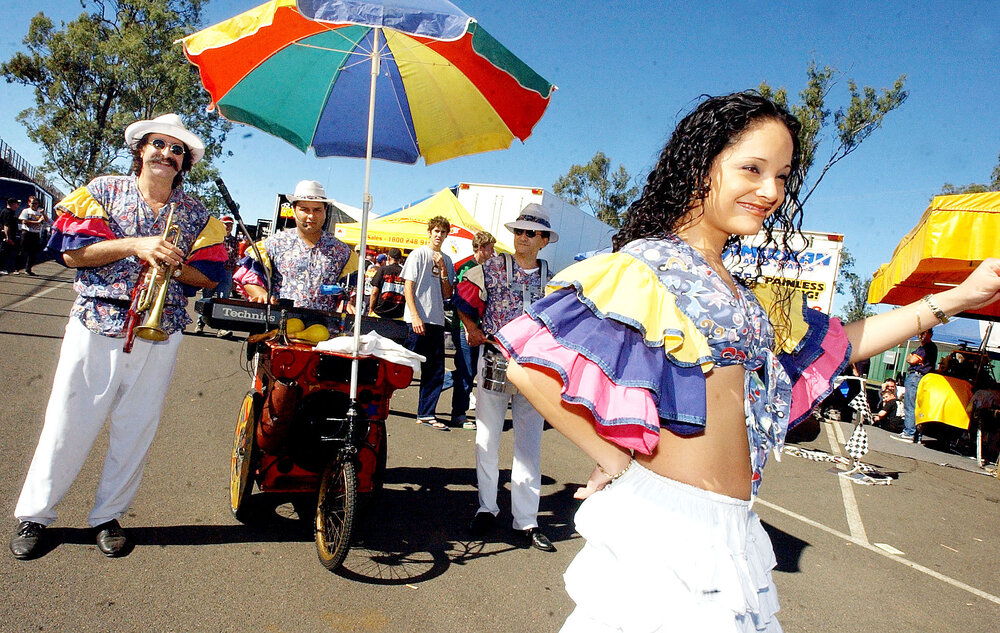 Fiesta Tropicale entertaining the crowd at Willowbank raceway, Ipswich, June 2003