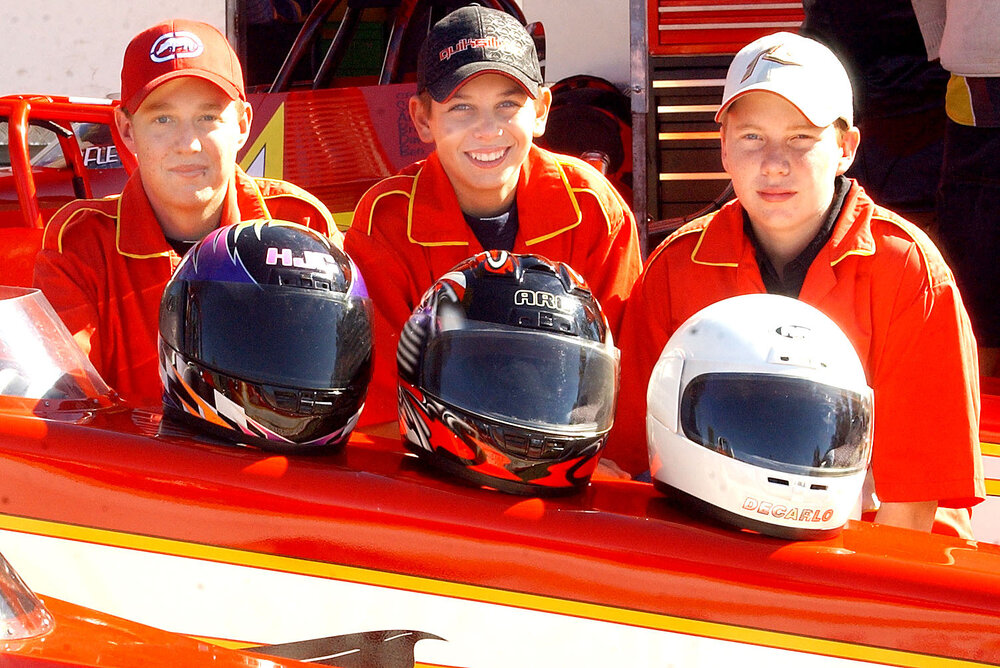 Dan, Sam, and Josh Fletcher ready for drag racing, Ipswich, June 2003