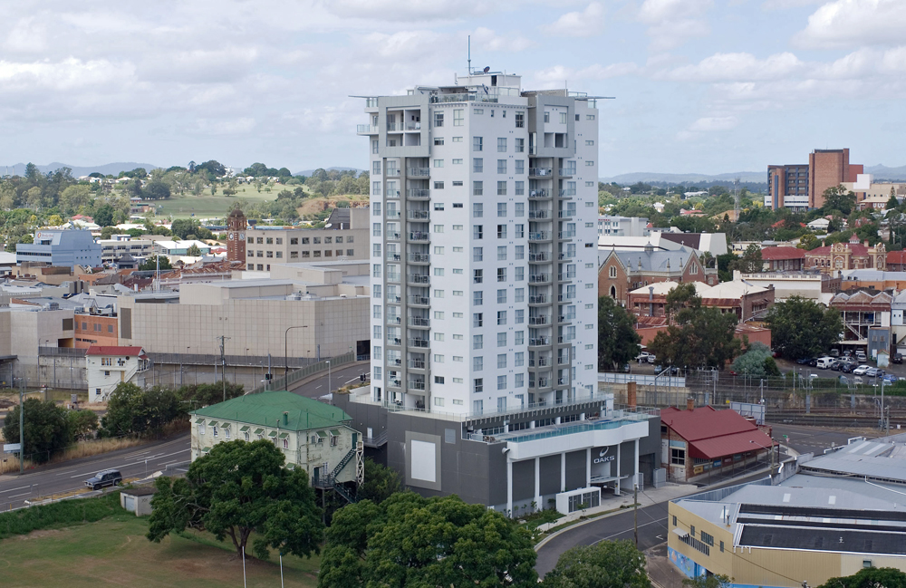 Panoramic view of city with Oaks Aspire Apartments in foreground, Ipswich, 2010