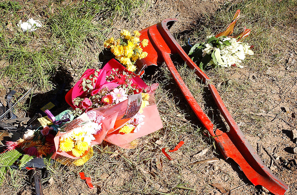 Memorial flowers after fatal Redbank Plains car accident, Ipswich, June 2003