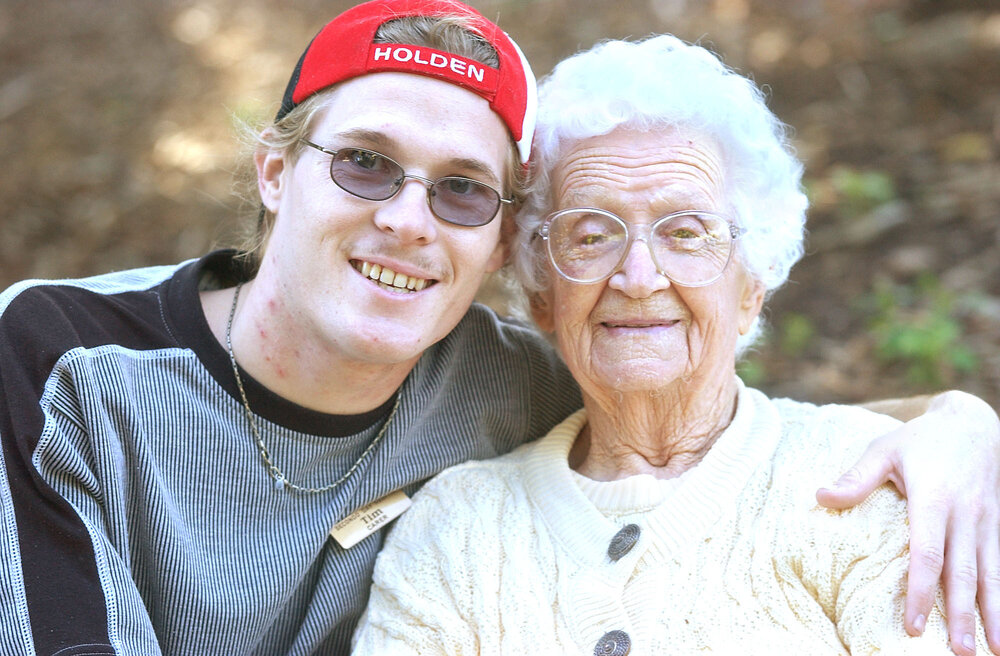Tim Brennan with 95-year-old Bella Brown at Secondo Day Respite 10th birthday function in Queens park, Ipswich, June 2003