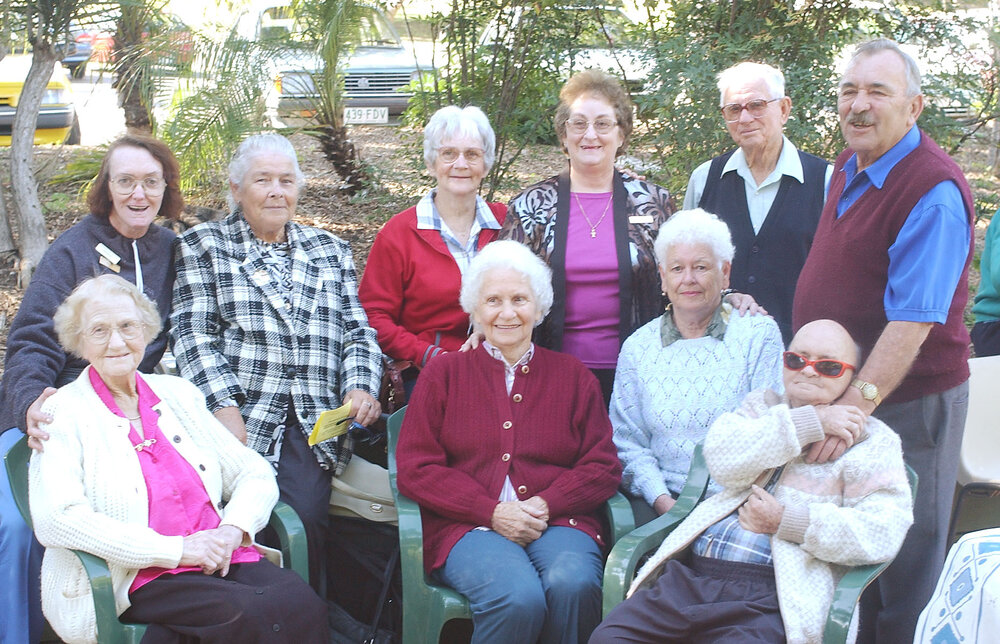 Ivy Krause, Mary English, Una Wernerson, Phil Fogarty, Thelma Murphy, Lorna Edwards, Val Bort, Ray Fogarty, Noel Lindley and Ron Edwards, Ipswich, June 2003