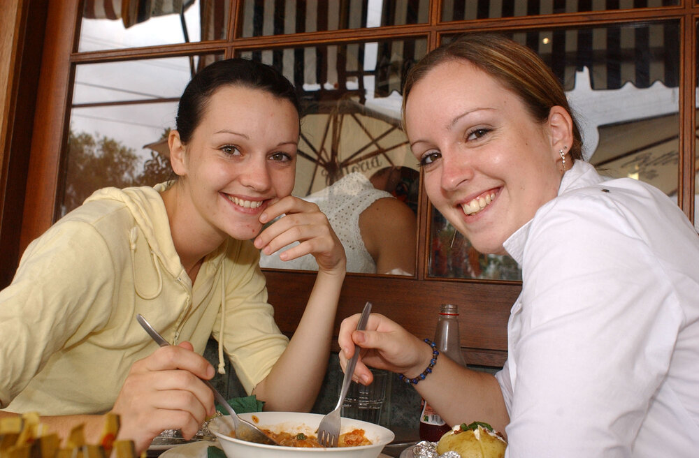Amy and Heather Walter having lunch, Chelmer, February 2003