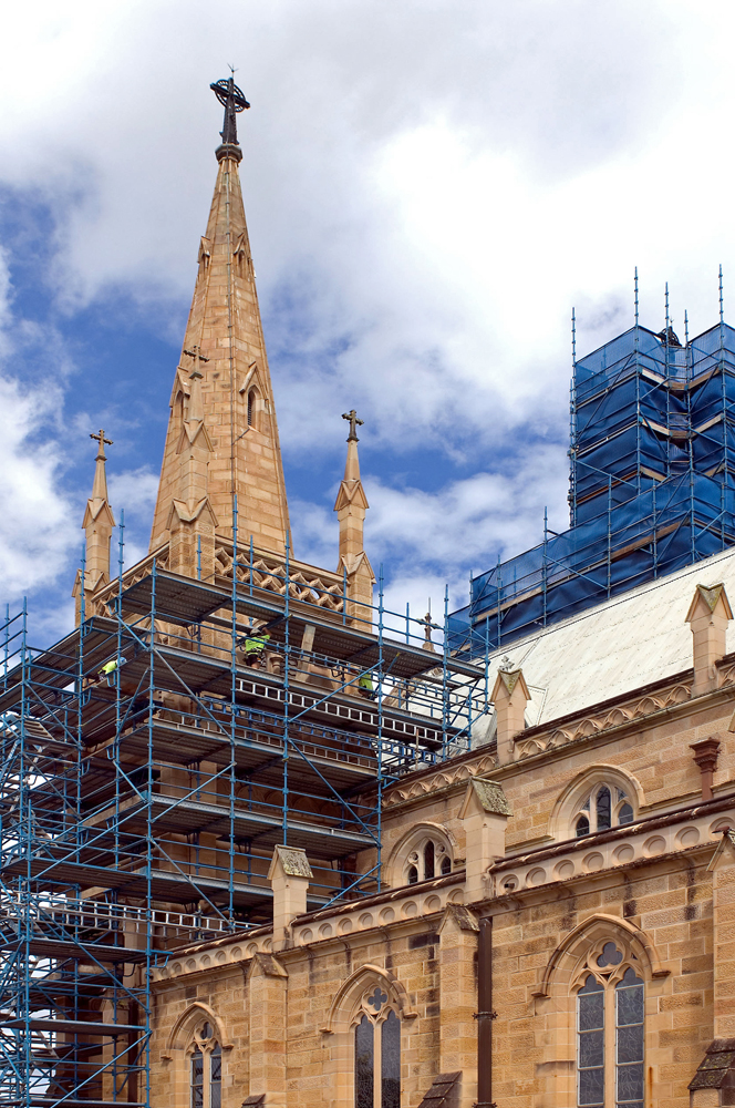 St Mary's Catholic Church during renovations on spire, Ipswich, 2010