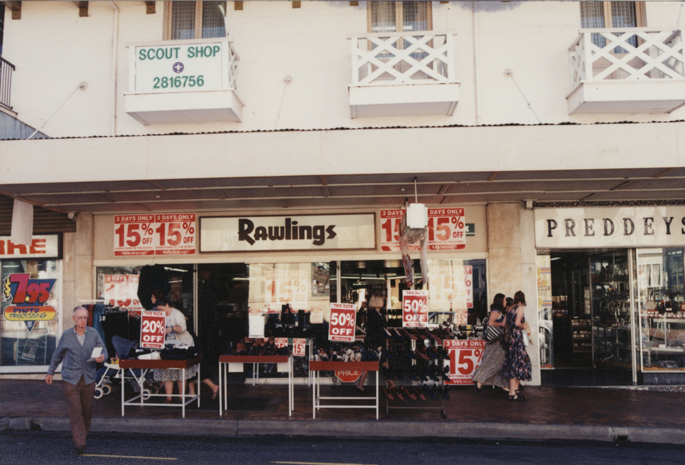 Rawlings and Preddeys shopfronts, Brisbane Street, Ipswich, 1990s