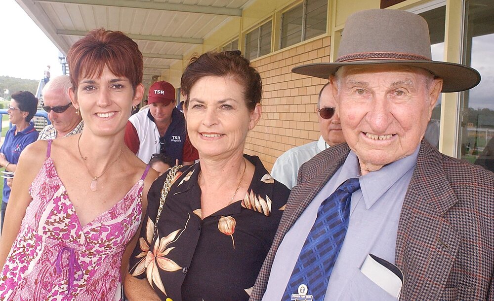 Kellie Bayliss, Karion Waldron and Col Bayliss at Bunbury Turf Club, Ipswich, February 2003